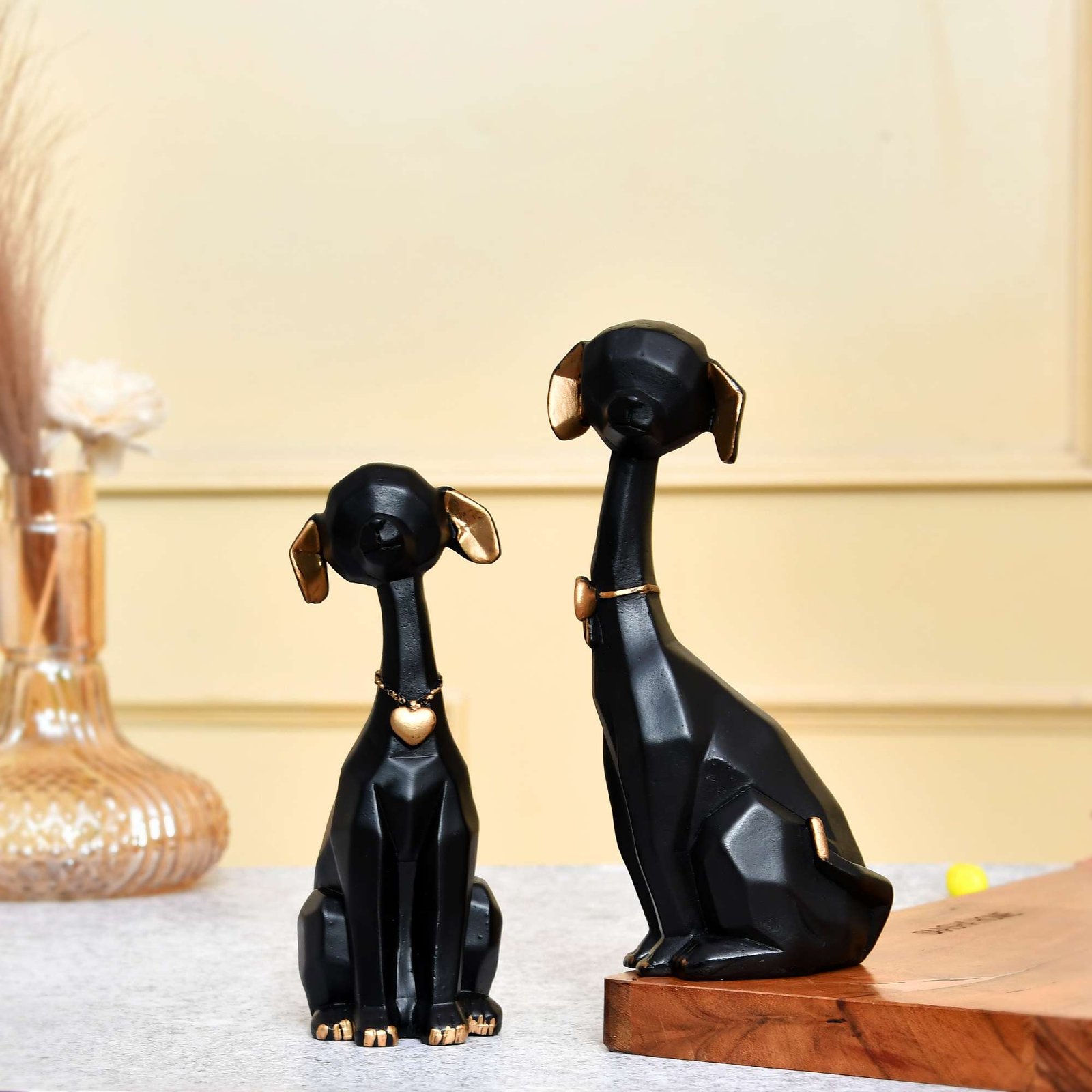 Black Golden Set of 2 Cute Dog Statues - Image 3
